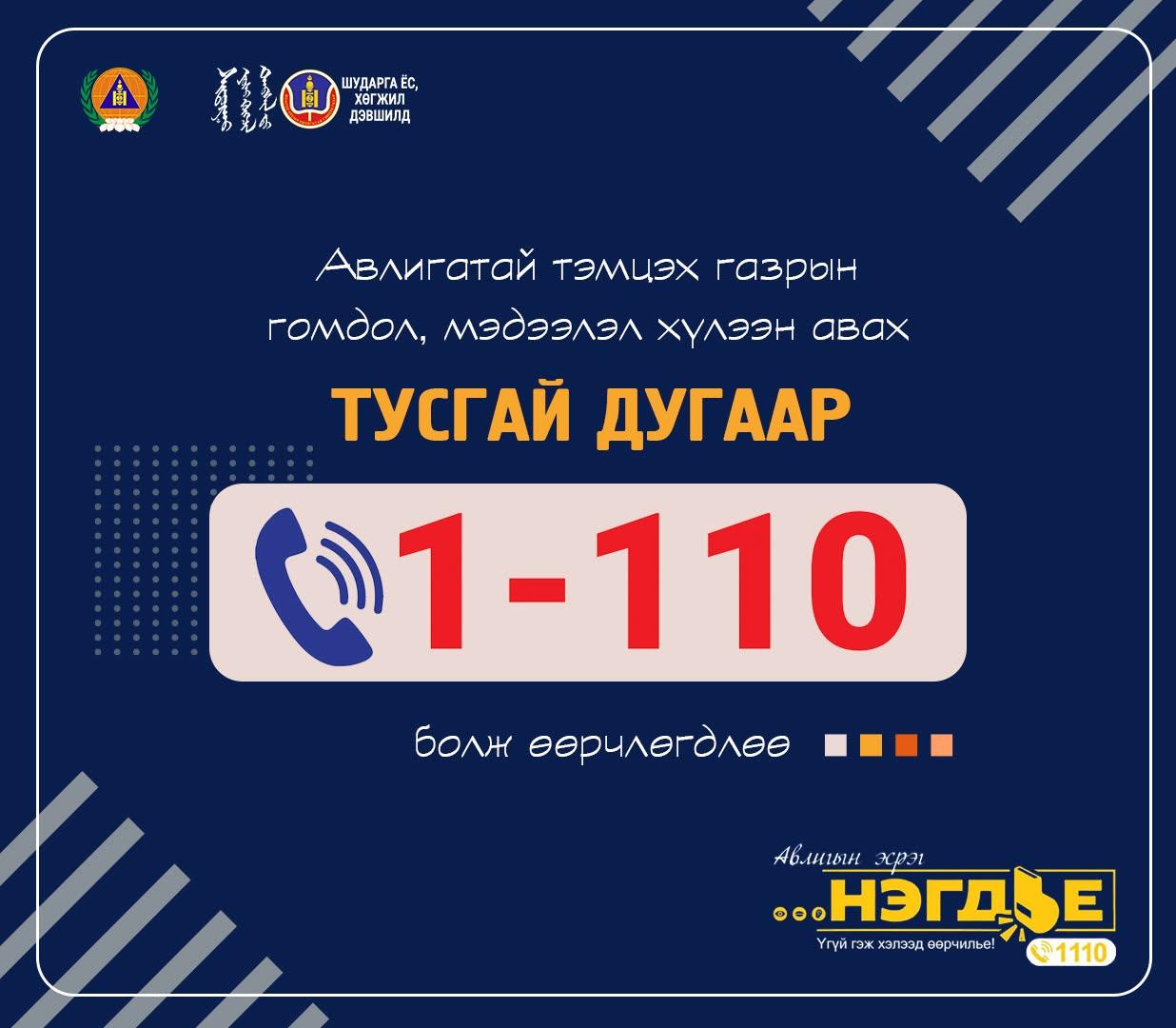Харилцаа холбооны зохицуулах хорооны 2025 оны наймдугаар сарын 28-ны өдрийн 190 дүгээр тогтоолоор Авлигатай тэмцэх газрын гомдол мэдээлэл хүлээн авах 110 тусгай дугаарыг 1-110 (нэг- нэг зуун арав) дугаар болголоо.